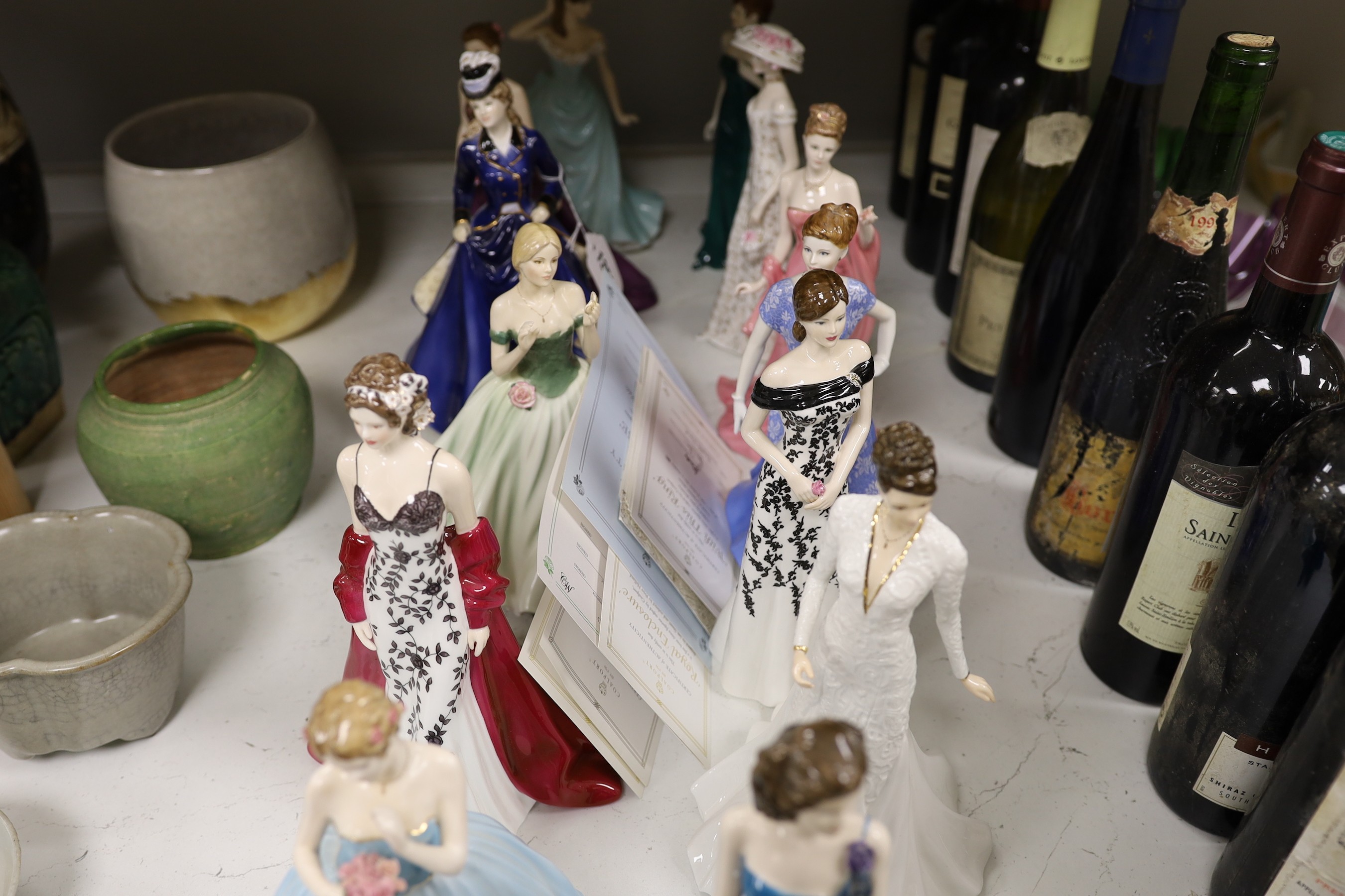 Thirteen Royal Worcester and Coalport figures of ladies, to include Dearest Rose, Sheer Elegance, Happy Birthday, Joanna, Eleanor, Keepsake, Mystique, Kate, Royal Enclosure, Juliet, With This Ring, and Susan, some with c